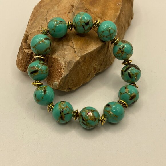 Sea Shell Turquoise 12mm Beads Beaded Stretchy Bracelet NEW - Picture 7 of 11